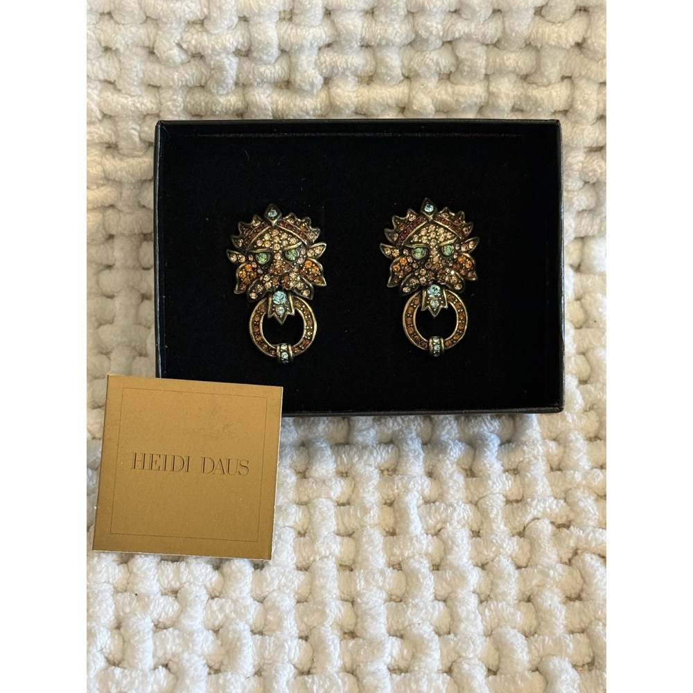 Heidi Daus Lion Head Earrings Multi-Color Crystal Clip-On Statement NIB 952840